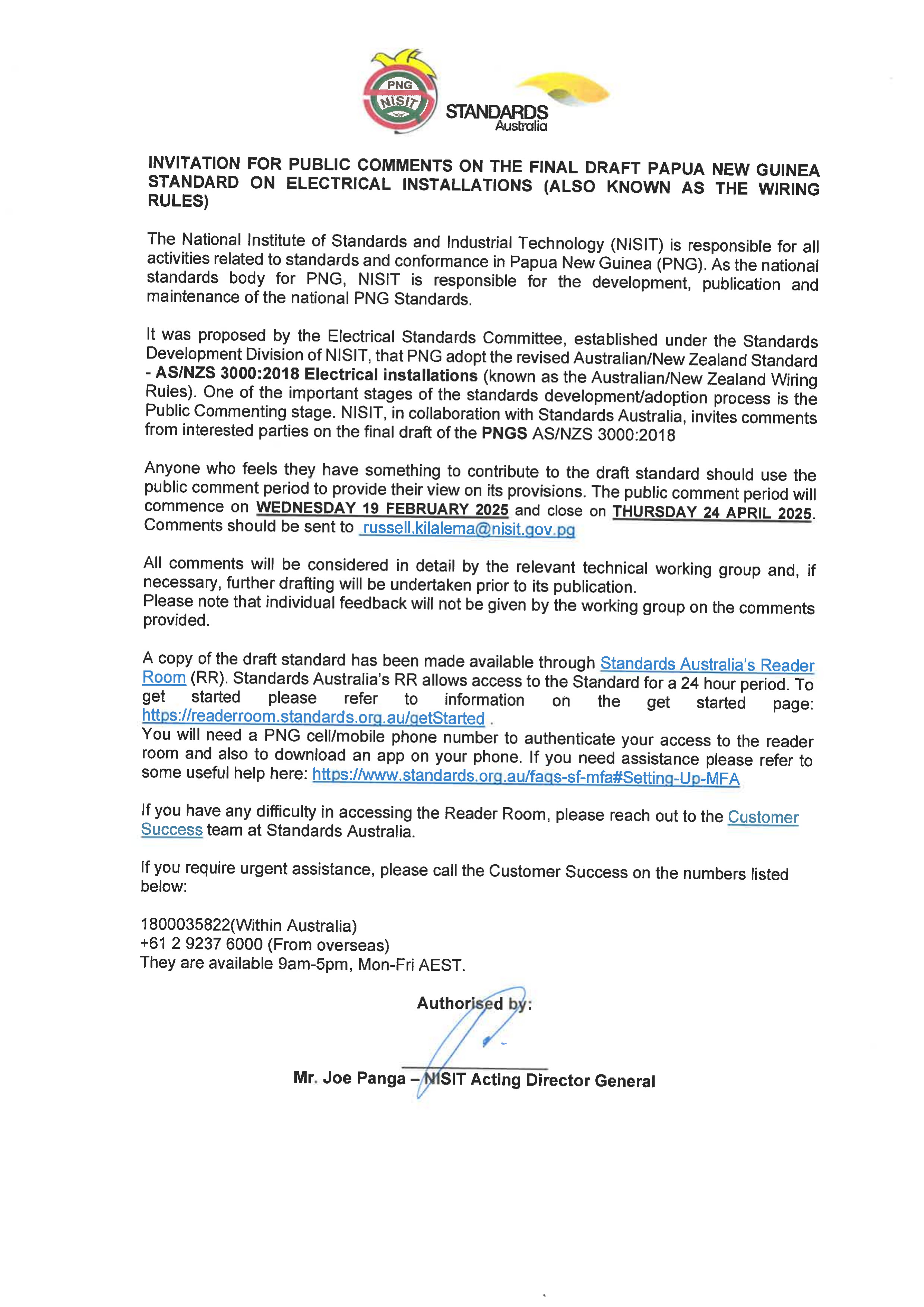 Invitation for Public Comments on the Final Draft - Papua New Guinea Standard on Electrical installations